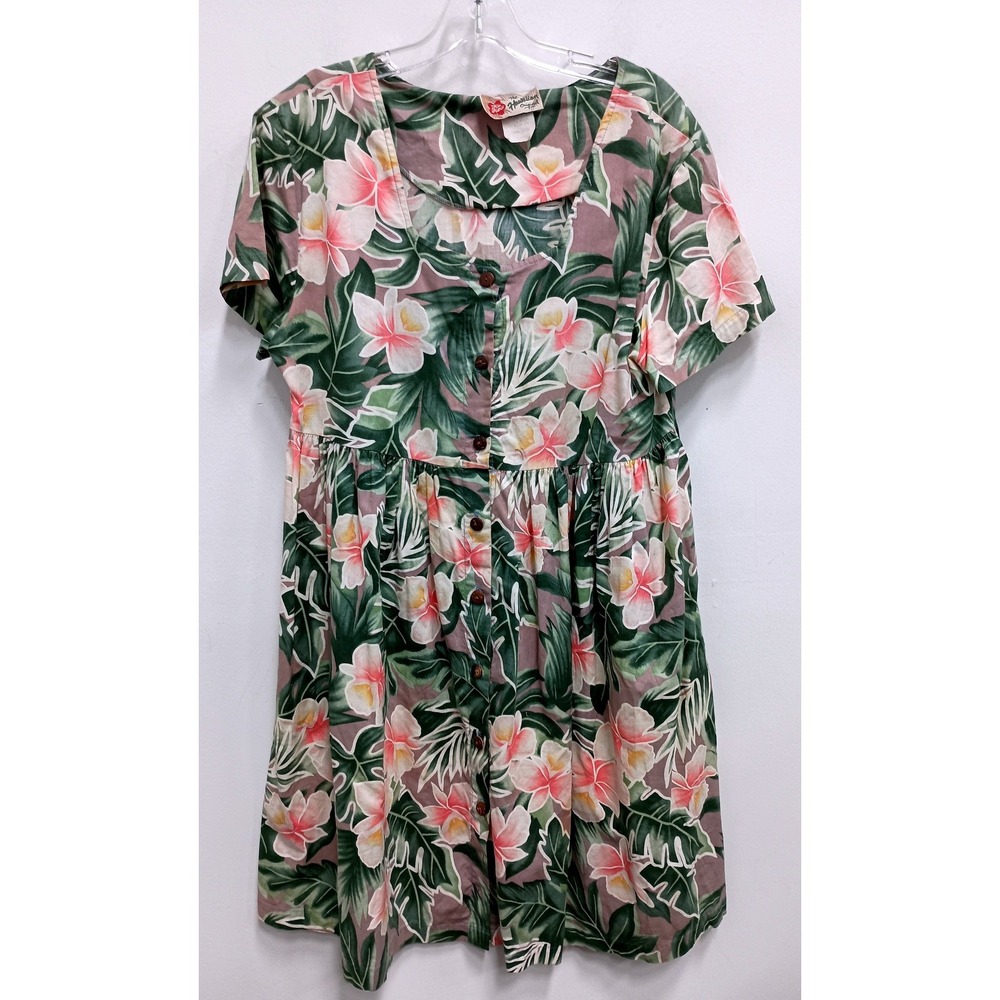Vintage Hilo Hattie Button Dress Women Large Floral Tropical Hawaiian Coastal
